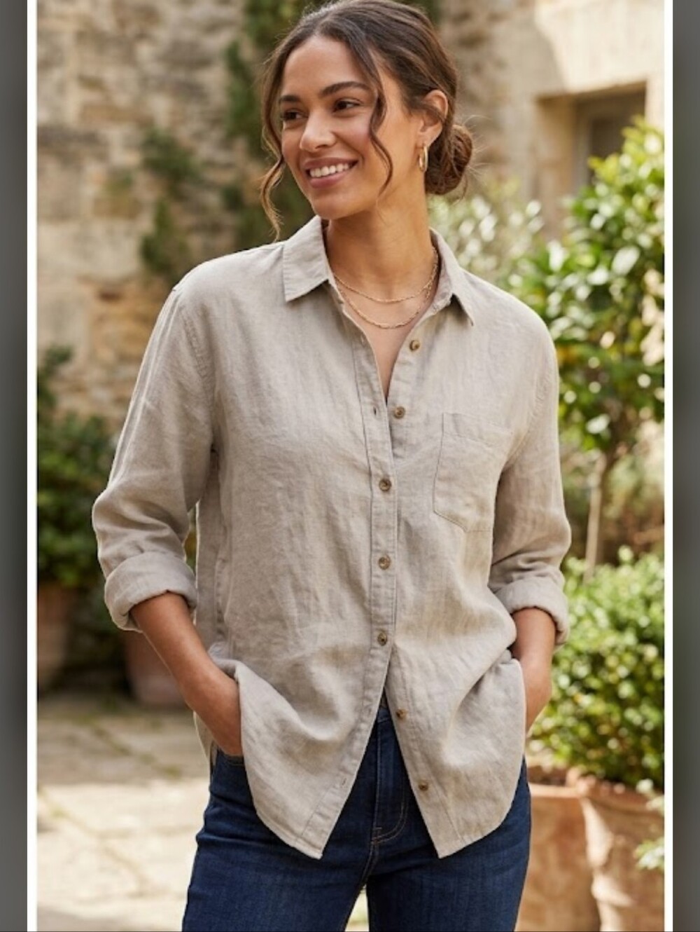 Old Navy The Boyfriend Shirt S Natural Linen Blend Oversized Nature Granola #11